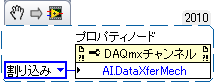 DAQmxチャンネルプロパティノードでデータ転送方法に割り込みを選択。