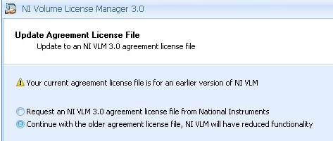 Update Agreement License File is for an earlier version of NI VLM